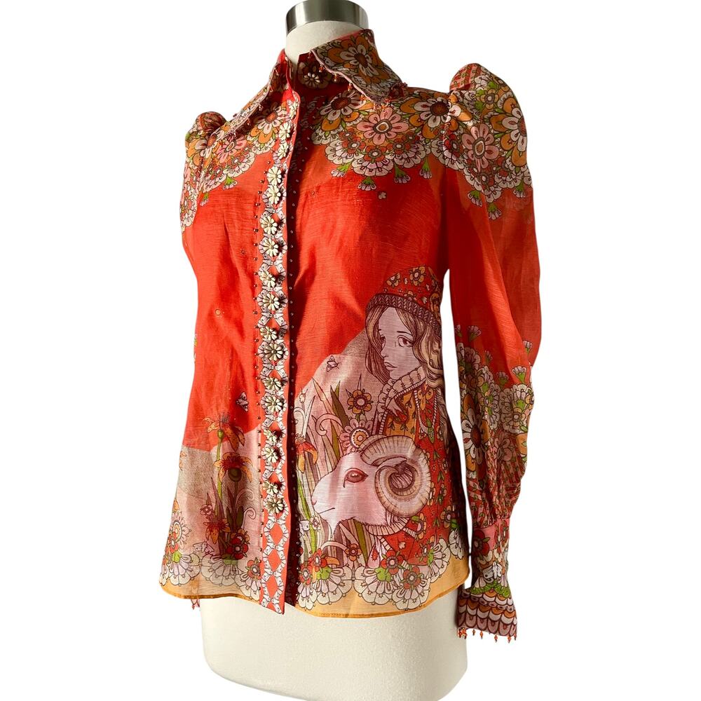 Zimmermann Kaleidoscope Zodiac Aries Top Shirt Red Orange Floral Linen Silk 0P - Picture 5 of 10